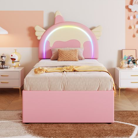 Lit de bande dessiné animé de 90 à 200 cm,en forme de licorne,équipé d’un lit cambriole extensible,matériau PU,rose (1/5)