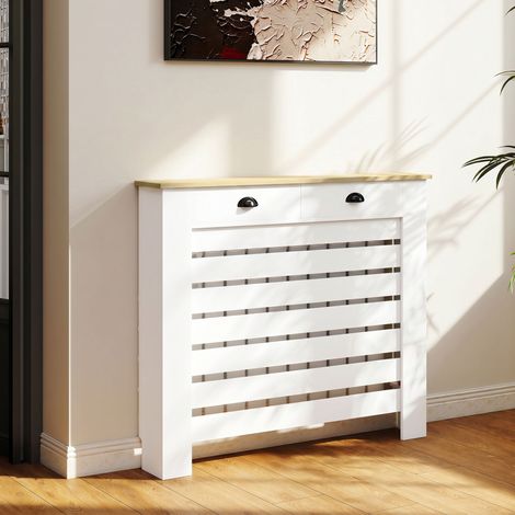 Couvercle de radiateur cache radiateur grille à lattes horizontales avec 2 tiroirs en bois 111l x 19P x 95,5H cm blanc (1/5)