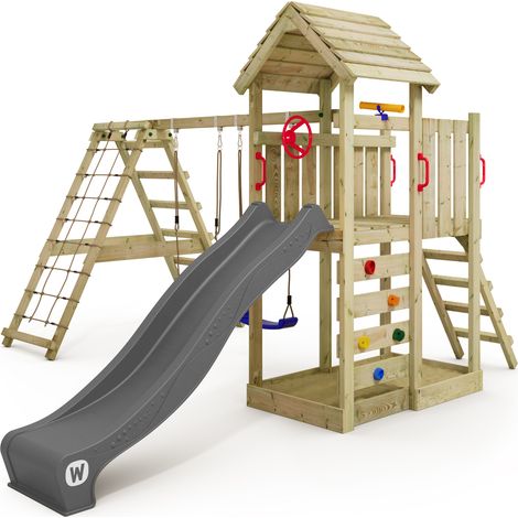 Wickey Aire de jeux Portique bois RocketFlyer avec balançoire et toboggan Maison enfant exterieur avec bac à sable, échelle d'escalade & accessoires de jeux – anthracite (1/5)