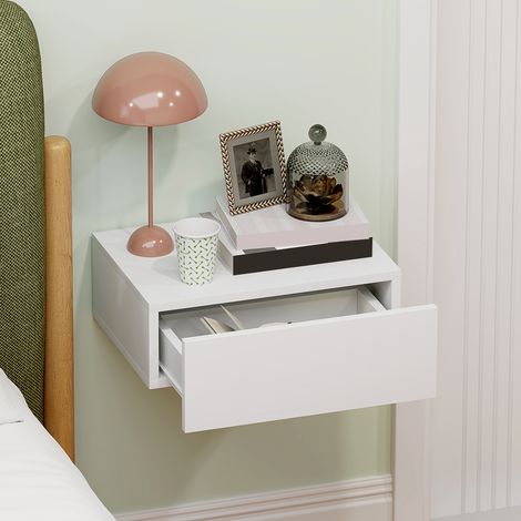 White Wall-Mounted Floating Nightstand with Storage Drawer,Compact Bedside Table for Bedroom Space Saving