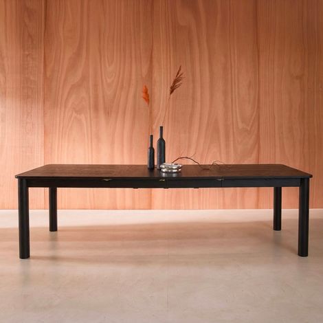 Table à manger rectangulaire extensible bois d'hévéa et placage chêne noir 6 à 10 places - 170-270cm - Solene