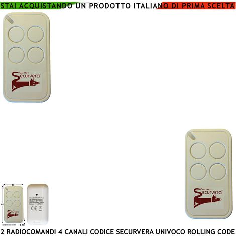 Radiocomando 2 Telecomandi Frequenza di Trasmissione 433,92 MHz 4 canali Potenza 1 mW Una Codifica di Sicurezza Univoca Securvera Led Segnalazione Funzione (1/3)