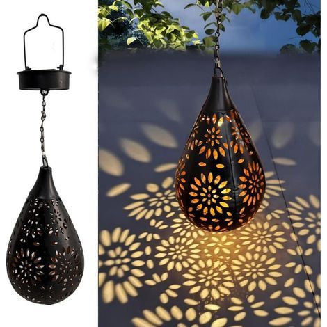 Lanterne solaire suspendue d'extérieur, lanterne décorative rechargeable de style marocain noir pour jardin ou fête, lampe tempête idéale pour porche, terrasse et cour (1 paquet noir) (1/4)
