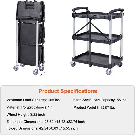Carro utilitario, diseño plegable, ruedas con bloqueo, 3 niveles, 7,2 kg (1/2)
