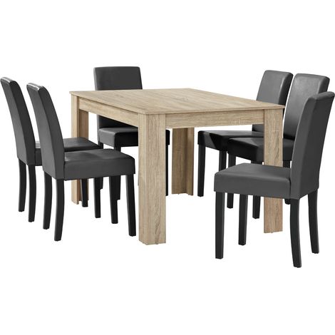 Mesa de comedor de roble con 6 sillas tapizadas en cuero sintético gris oscuro 140x90 cm 030004049