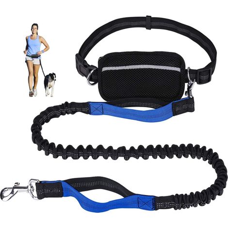 Corde de jogging pour courir, marcher avec coutures réfléchissantes et distributeur de sacs poubelle, laisse réglable pour grands chiens, mains libres et amortisseur de chocs, bleu (1/2)