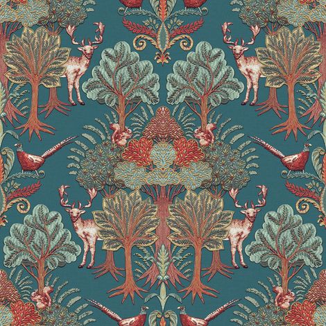Teal Nordic Deer Wallpaper Floral Textured Paste The Wall Vinyl Stag Red Green (1/4)