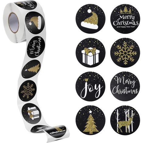 Lot de 500 autocollants de Noël - 3,8 cm - Ronds - Noirs et dorés - Autocollants de Noël pour cadeaux de Noël (1/5)
