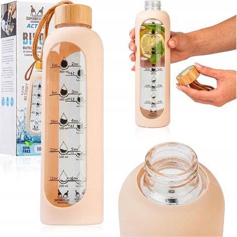 Glaswasserflasche 1000 ml mit Silikonhülle (beige)