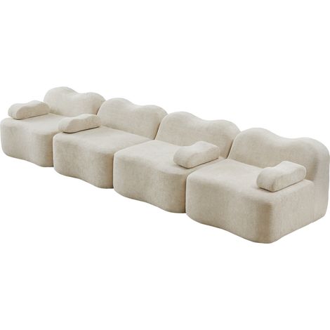 Canapé modulaire 4 places sans structure, mousse haute densité 32D, revêtement velours beige, coussin d'accoudoir mobile (1/5)