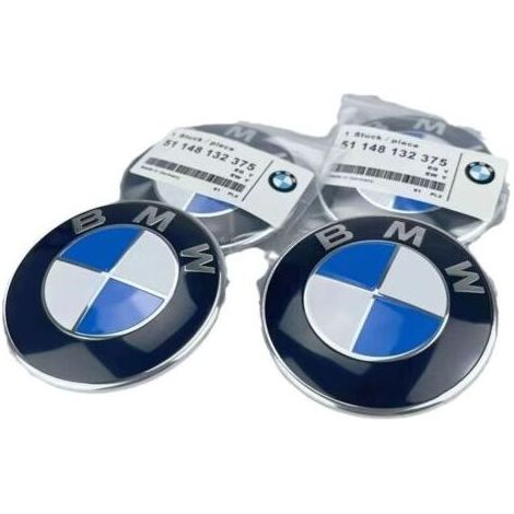 Satz mit 2 Ersatz-Emblemen für Motorhaube und Kofferraumdeckel von BMW, 82 mm + 74 mm, passend für alle BMW E30 E36 E46 E34 E39 E60 E65 E38 X3 X5 X6 3 4 5 6 7 8 (82 mm + 74 mm) alle Modelle. (1/5)