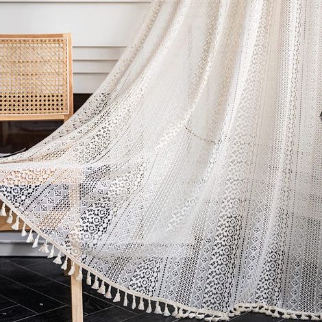 Ensemble de 2 rideaux au crochet, style champêtre vintage, en coton, couleur riz, 150 x 200 cm (1/5)