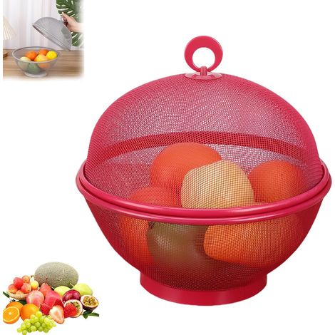 Corbeille de fruits avec filet anti-mouches - Métal avec couvercle - Moustiquaire intégrée - Stockage moderne - 28x25 cm -Rouge (1/5)