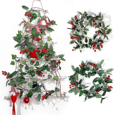 2 piezas de hojas de acebo artificiales con bayas rojas, guirnalda de ratán para Navidad, adornos colgantes para árbol de Navidad, decoración DIY (1/4)