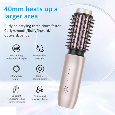 Kabellose Lockenbürste, 2-in-1 kabellose Haarglättungsbürste und Lockenstab, tragbarer Mini-Reise-Lockenstab mit 7000 mAh, wiederaufladbarer Negativ-Ionen-Lockenstab 150 ℃ - 210 ℃ (Pink)