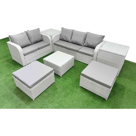 Fimous 7 Seater PE Rattan Wicker Garden Furniture Patio Conservatory Sofa Set with Square Coffee Table 3 Seater Sofa Love Sofa 2 Big Footstool 2 Side Table (1/4)