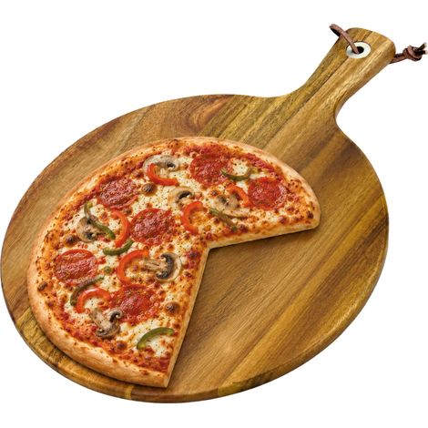 Relaxdays Tagliere per pizza ø 28 cm, legno d'acacia, manico, occhiello in metallo, tagliere per formaggi, naturale (1/5)