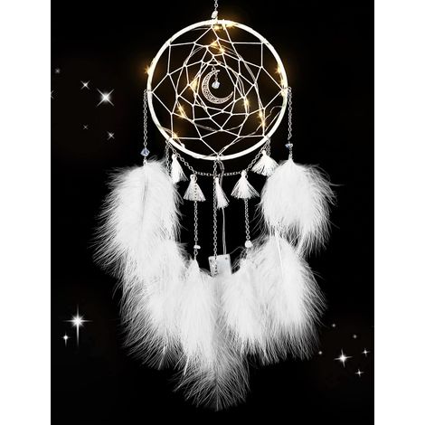 Small Dream Catcher with LED Light, Handmade Feather Dreamcatcher, Dreamcatcher Wall Decor Home Ornament (White) (1/5)