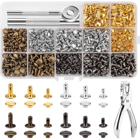 Rivetti in pelle 480 pezzi 3 misure Rivetti doppi Borchie in metallo tubolari Rivetti Borsa da cucito, Rivetti in pelle con 3 pezzi Strumento di fissaggio e pinze per punzonatura per rivetti artigiana (1/5)