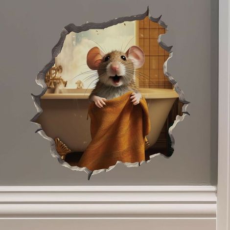 Sticker mural,3 pièces Souris dans une serviette dans un trou de souris - Autocollant mural 3D avec trou de souris (1/5)