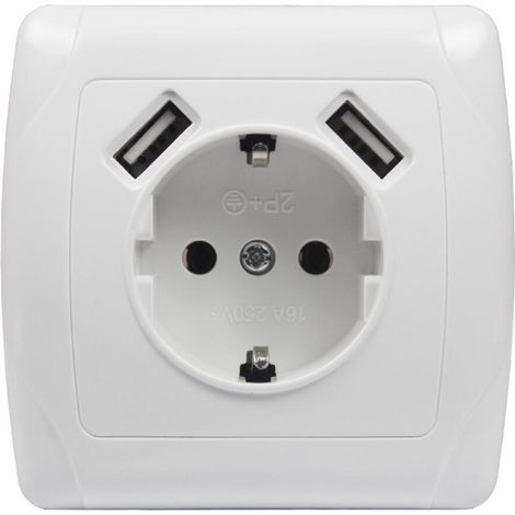 Prise murale encastrée avec deux ports USB, idéale pour le bureau, dimensions 8 x 8 x 5 cm, blanche (1/4)