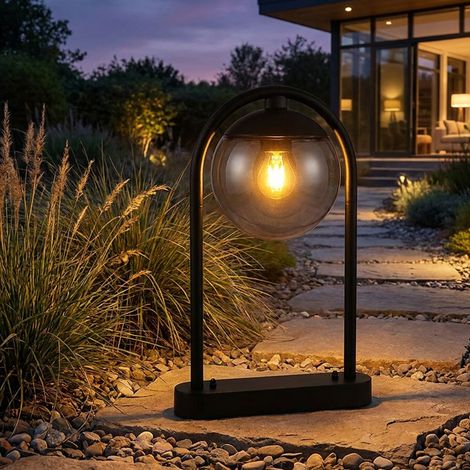 Außenstandleuchte Wegeleuchte Terrassen Lampe Außenbereich Stehlampe Glaskugel, IP44 Retro, Metall schwarz rauchfarben, 1x E27 Fassung, HxBxÜ 50x20x32cm