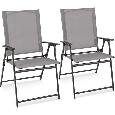 GOPLUS Ensemble de 2 Chaises de Jardin en Textilène avec Cadre Métallique, Chaises Pliantes avec Dossier Haut & Accoudoirs, Chaise de Camping, Convient pour Jardin, Terrasse et Balcon, Gris (2)