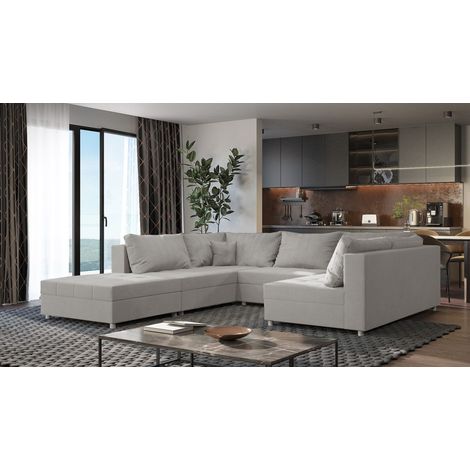 Wohnlandschaft Sofa ANDRO Schlaffunktion und Hocker Stoff Lincoln Lichtgrau (1/5)