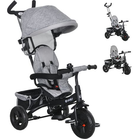 Porteur tricycle enfant gris 6-en-1 en métal avec barre de poussée, capote, harnais et panier pour jardin, parc et plein air (1/5)