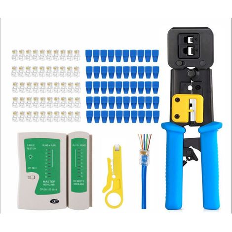 Testeur de câble + outil à sertir RJ45 pour passer à travers CAT6 Cat5e Cat5 Outil à sertir pour RJ45/RJ11 standard, 50 connecteurs CAT5 CAT5e (1/5)