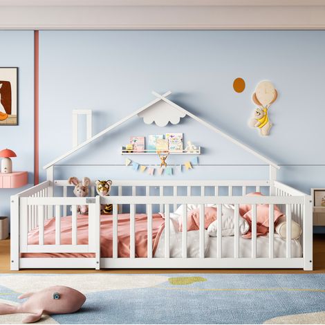 DESVIAE Lit enfant cabane 140 x 190 cm avec barrières de sécurité et loquet en pin et MDF blanc (1/4)