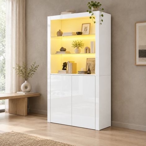 100 x 35 x 170 cm Sofa-Sideboard, Hochglanz-Aufbewahrungsschrank, Vitrinenschränke mit LED-Leuchten, Displayschicht aus gehärtetem Glas, Vertikaler Hochschrank fürs Wohnzimmer (1/5)