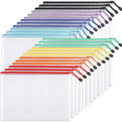 Set di 24 sacchetti portaoggetti in rete con cerniera, formato A4, impermeabili, formato busta, ideali per scuola, giocattoli, puzzle, giochi da tavolo e ufficio. (1/4)