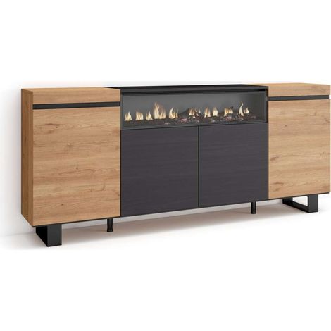 Aparador Churriana-01 de 200x87x35 cm con 4 puertas, chimenea y luces LED, color roble y negro (1/4)