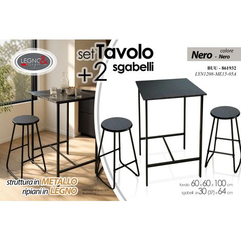 Set de mesa con 2 taburetes negros 60x60x100 cm y Ø30x64 cm