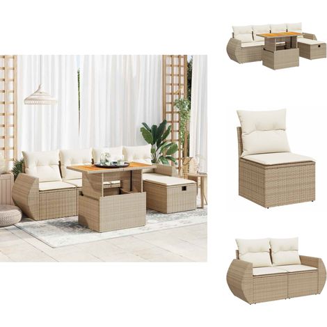 6-tlg. Garten-Sofagarnitur mit Kissen Beige Poly Rattan Akazie - Garten Sofagarnitur - Garten Sofagarnituren - Outdoor Sofagarnitur - Sofagarnitur Terrasse (1/5)