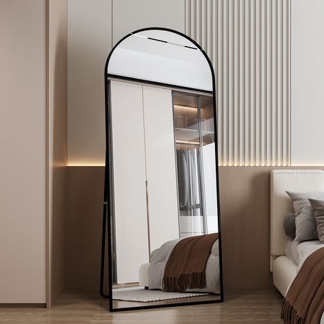 Miroir en Pied Grand, Grand Miroir de Sol Pleine Longueur, Cadre en Alliage d'Aluminium, Suspendu, pour Chambre Salon Entree (Courbé, 180x80 cm)