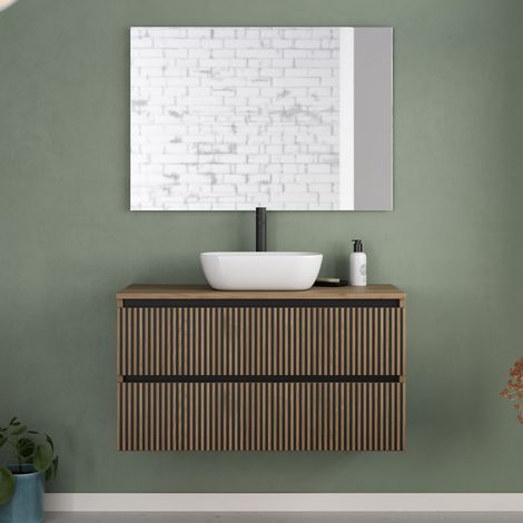 Meuble de salle de bain 100cm avec plateau et vasque à poser arrondie - 2 tiroirs - noyer (bois foncé) - VENERIA