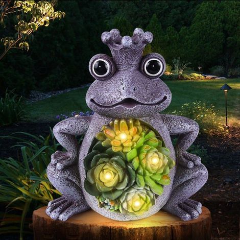 Solargartenstatue für den Außenbereich, wasserfeste Rasendekoration aus Kunstharz mit Sukkulenten und LED-Beleuchtung.