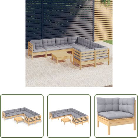 Holzgartenmöbel - 9-tlg. Garten-Lounge-Set mit Grauen Kissen Kiefernholz (1/5)