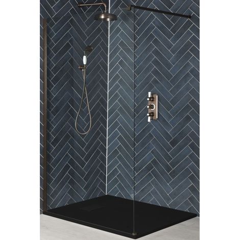 Milano Rosso Matte Bronze Walk In Wet Room Shower Enclosure with Screen  Support Arm and Graphite Slate Effect Tray - 800mm x 800mm