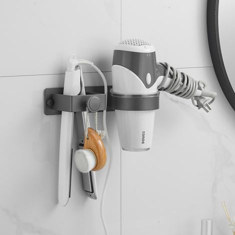 Anthrazitgraue Wandhalterung für Haartrockner, aus platzsparendem Aluminium, für Glätteisen und Lockenstab, platzsparend. (1/5)