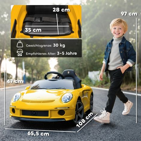 Voiture électrique pour enfant avec télécommande, musique, klaxon, port USB, ceinture de sécurité, 3-5 ans, couleur jaune