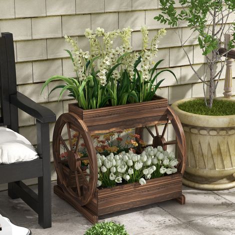 Fioriera in Legno da Esterno a 2 Livelli con 3 Vasi e Ruote di Carro Stile Country, 64x54x60cm