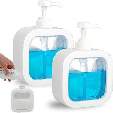 Dispensador de jabón líquido para manos y platos de 2 piezas para cocina, dispensador de jabón de baño de 300 ml para gel de ducha y champú, dispensador de jabón recargable para jabón de platos y gel  (1/5)