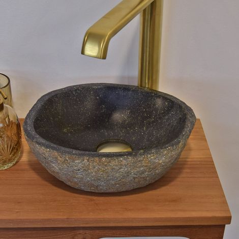 Vasque à poser en pierre de rivière 25 cm – Hauteur 10 cm – Aspect brut et intérieur poli – Unique et décorative – Ocean Line (1/4)
