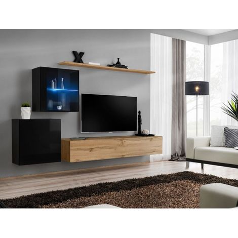 Ensemble mural - Switch XV - 2 vitrines - 1 banc TV - 2 étagères - Bois et noir - Modèle 2 - Livraison gratuite