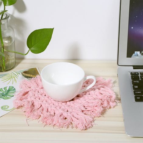 Set de 1 dessous de verre en coton forme coeur avec franges pour cuisine maison protege plaque chaude tasse cafe decoration rose (1/5)