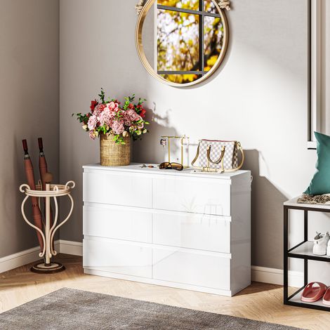 Cómoda Dormitorio con 6 Cajones Cajonera para Salón Oficina Estilo Moderno 112x34x75 cm Blanco Brillo (1/5)