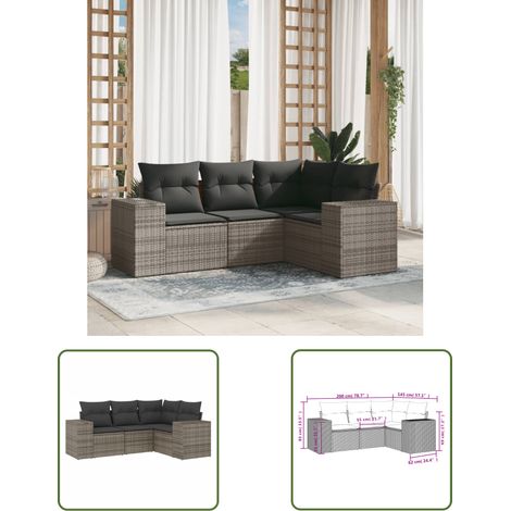 The Living Store 4-tlg. Garten-Sofagarnitur mit Kissen Grau Poly Rattan - Gartenmöbel - Sofasatz - Outdoor Möbel - Rattan Gartenmöbel - PE-Rattan (1/3)